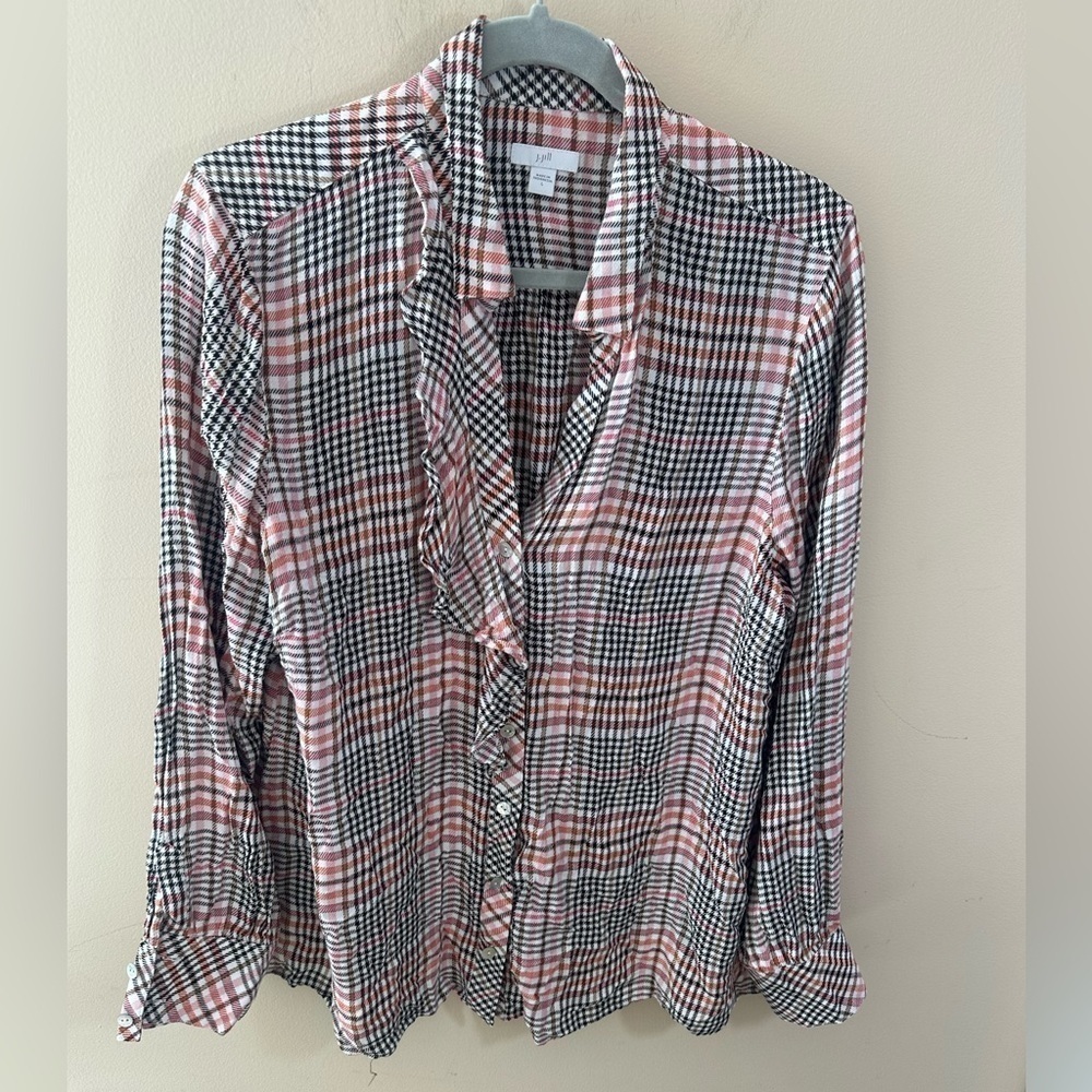 J.Jill Blouse Glen Plaid Ruffle Button Front Rayon Blouse size L